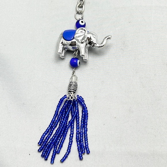 Elephant Blue Glass Evil Eye Beaded Tassel Keychain - Picture 2 of 5